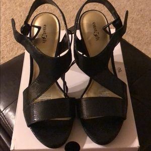 Black lizard strappy sandals